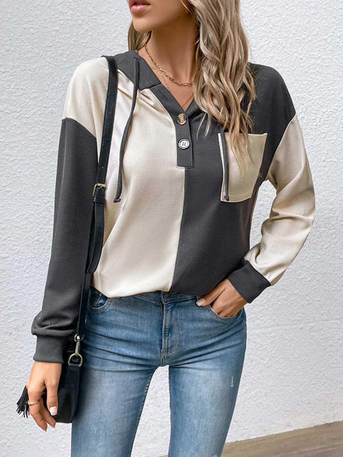 Perfee Contrast Color Button-Up Raglan Sleeve Hoodie - Image 3