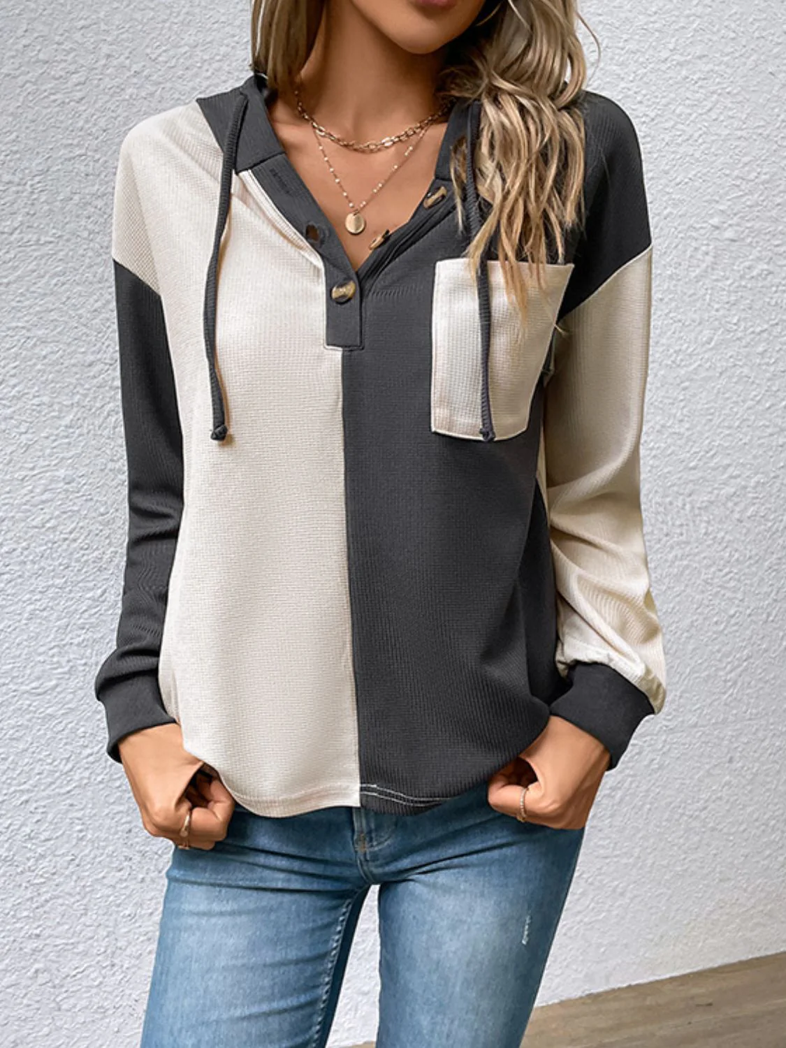Perfee Contrast Color Button-Up Raglan Sleeve Hoodie - Image 4