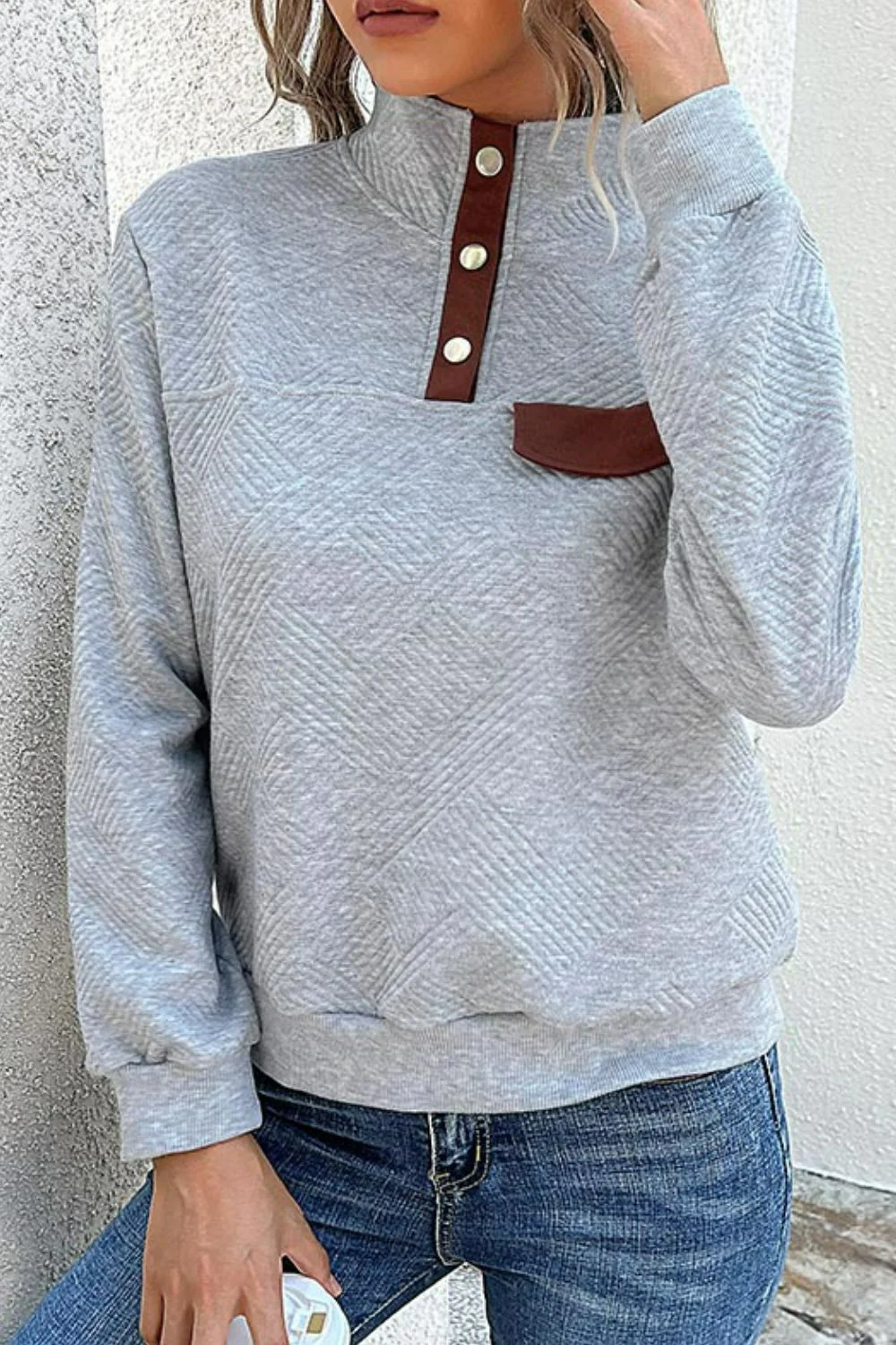 Perfee Contrast Ribbed Quarter-Snap Sweatshirt - Image 4
