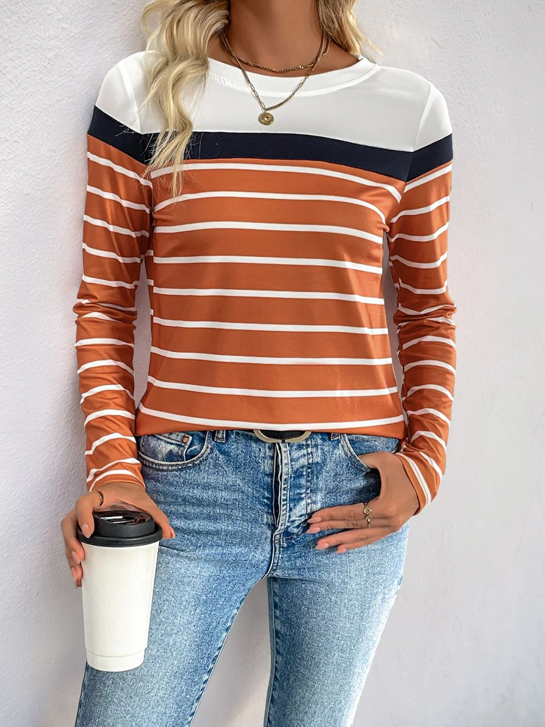 Perfee Contrast Striped Round Neck Long Sleeve T-Shirt - Image 4