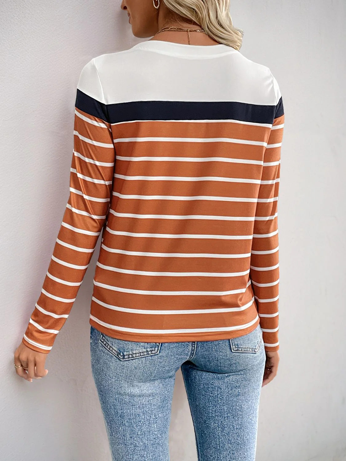 Perfee Contrast Striped Round Neck Long Sleeve T-Shirt - Image 5