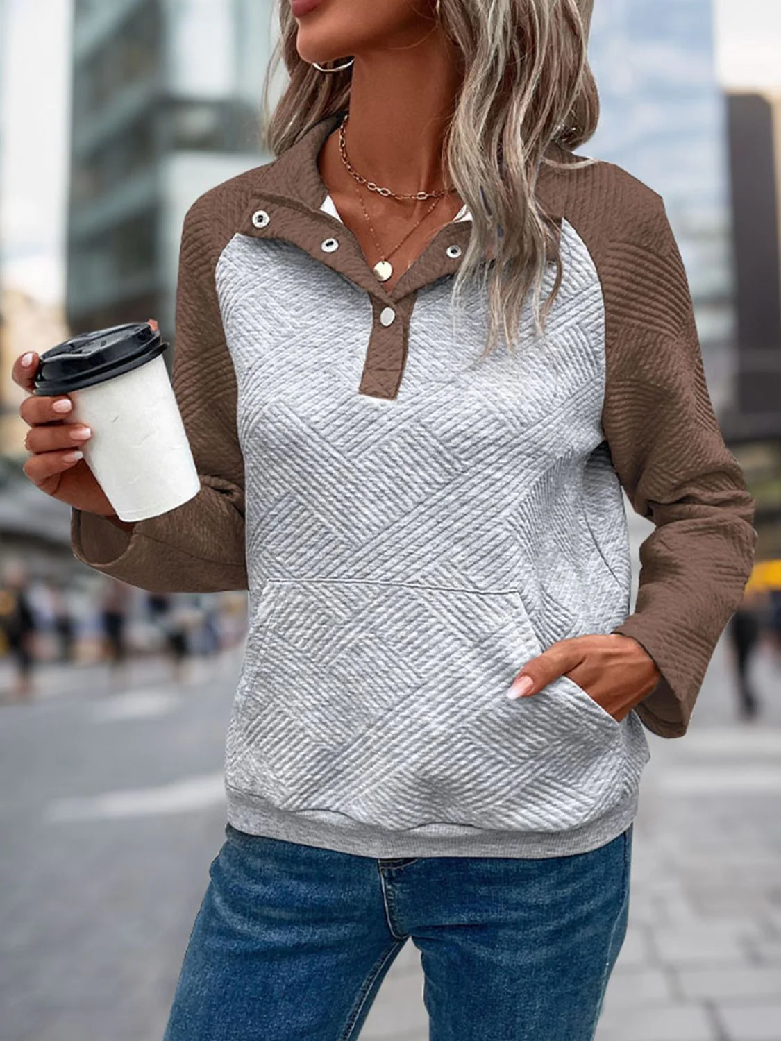 Perfee Contrast Textured Long Sleeve Sweatshirt - Image 3