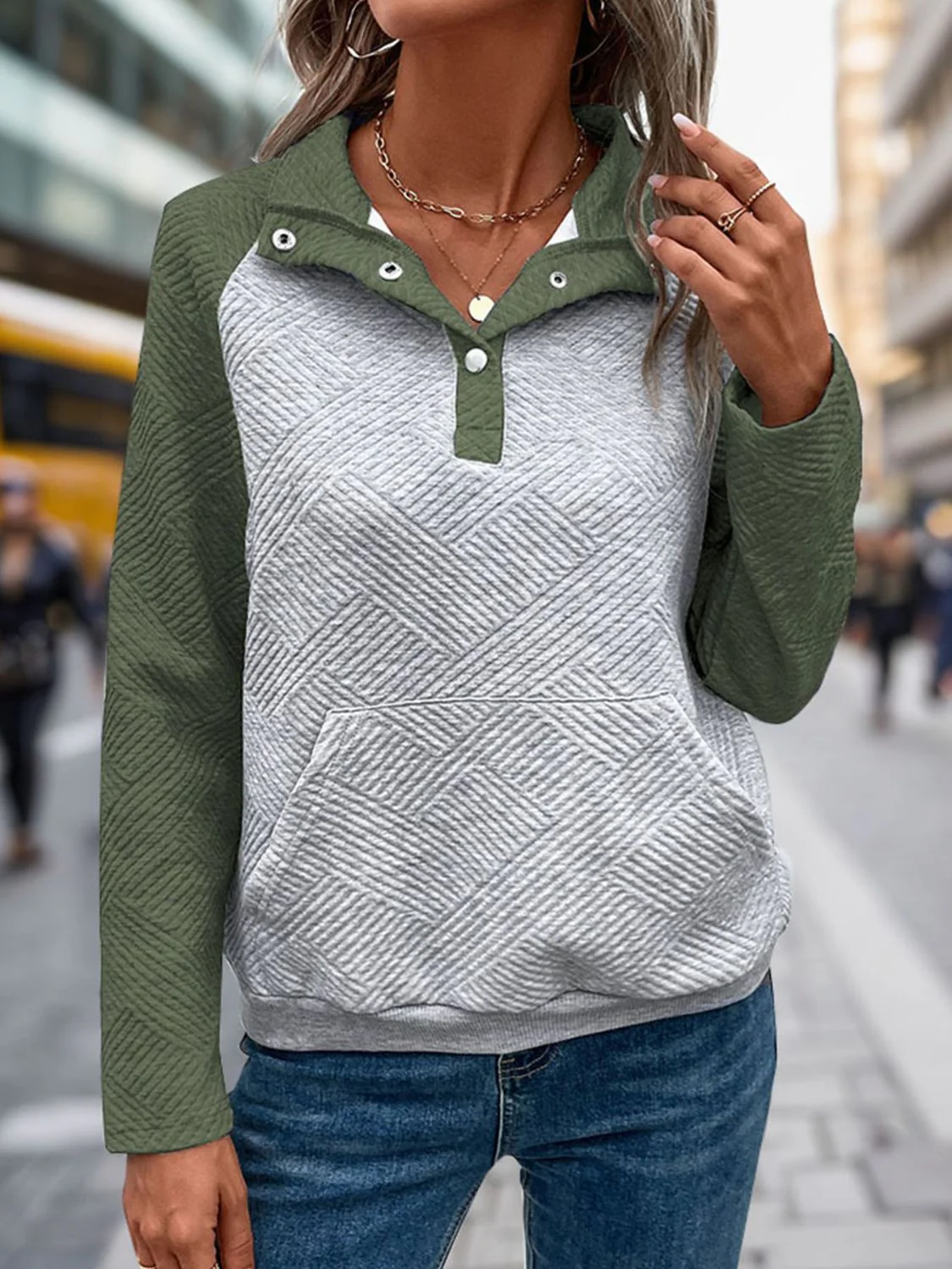 Perfee Contrast Textured Long Sleeve Sweatshirt - Image 4