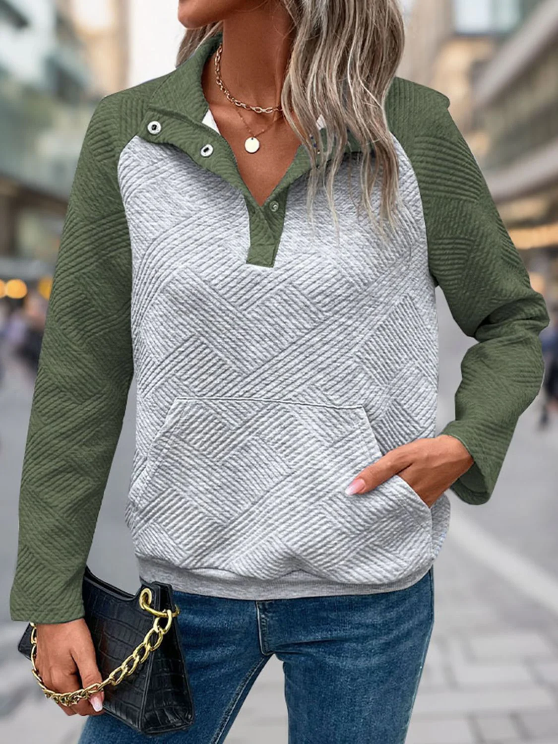 Perfee Contrast Textured Long Sleeve Sweatshirt - Image 5