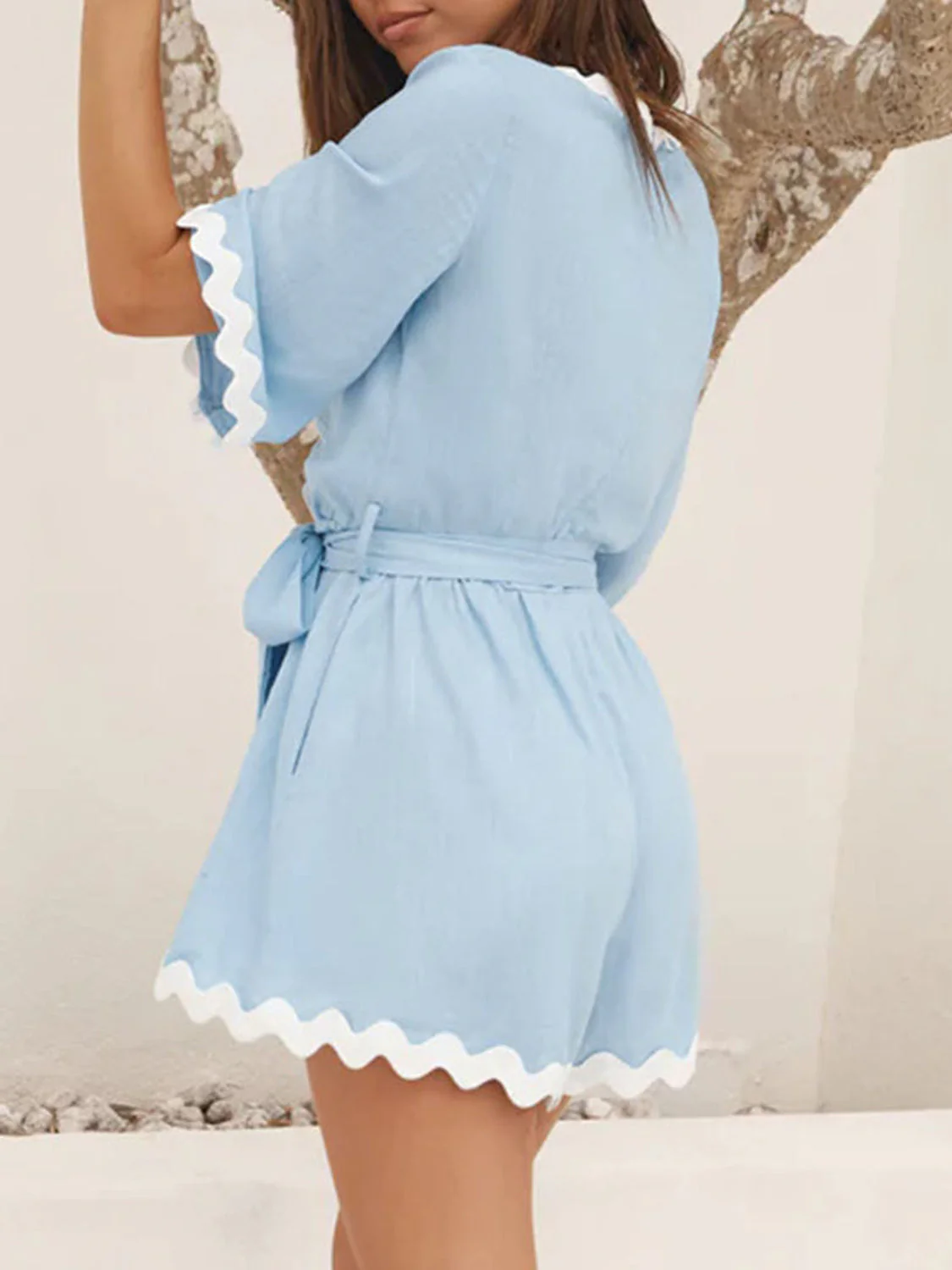 Perfee Contrast Trim Surplice Tie Waist Romper - Image 4
