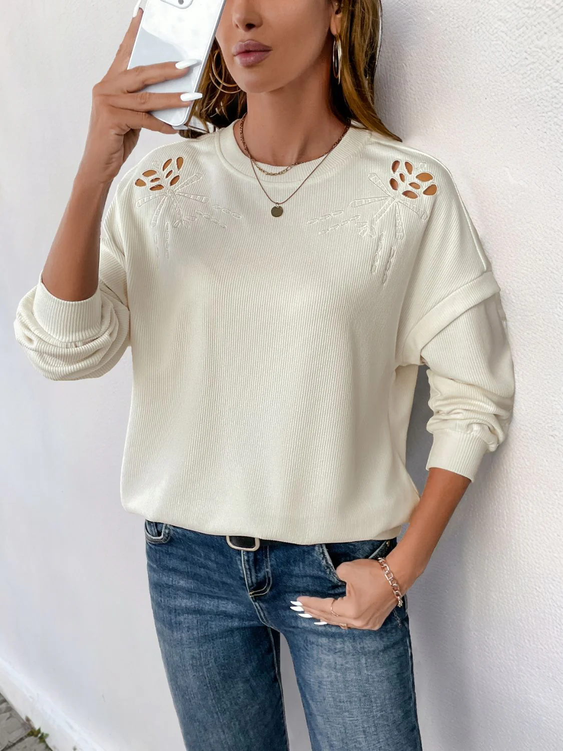 Perfee Cutout Round Neck Long Sleeve Sweatshirt - Image 4