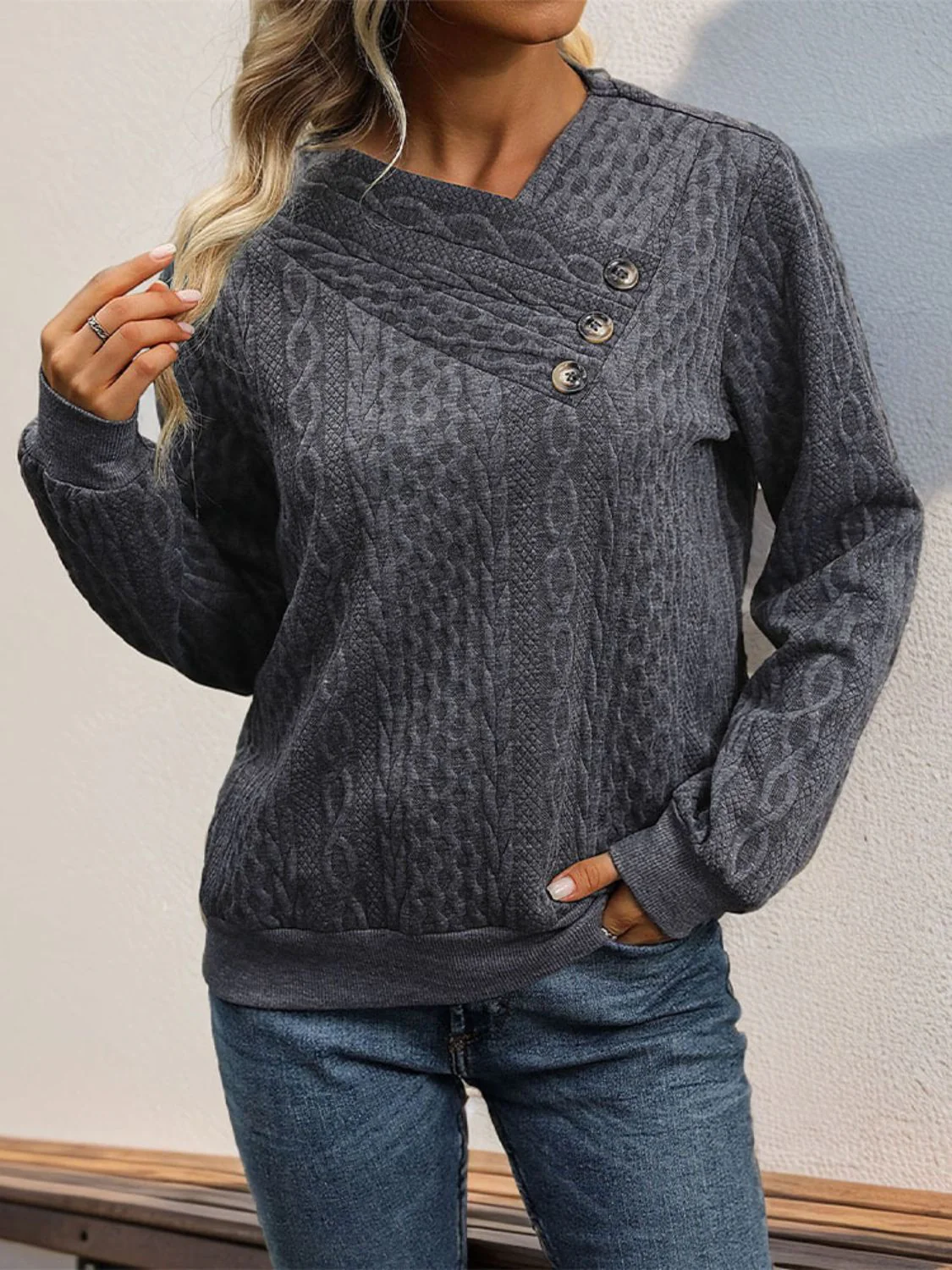 Perfee Decorative Button Long Sleeve Sweatshirt - Image 4