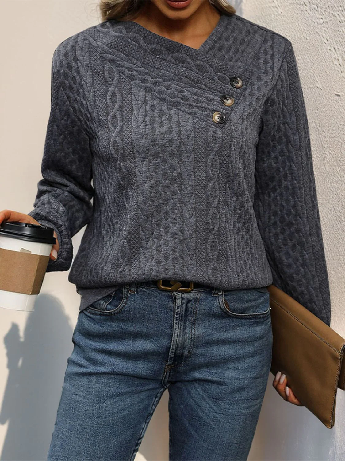 Perfee Decorative Button Long Sleeve Sweatshirt - Image 5