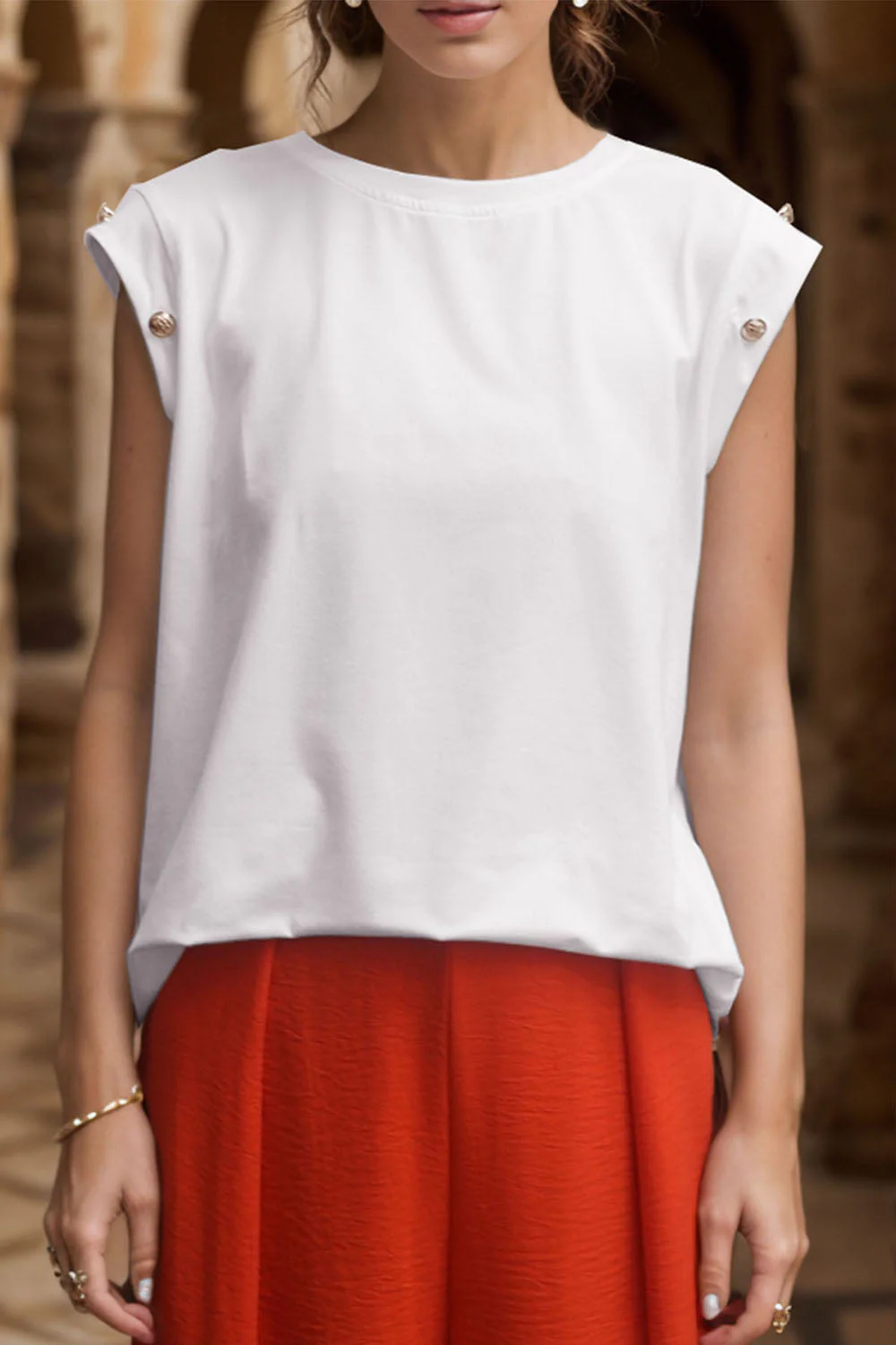 Perfee Decorative Button Round Neck T-Shirt - Image 11