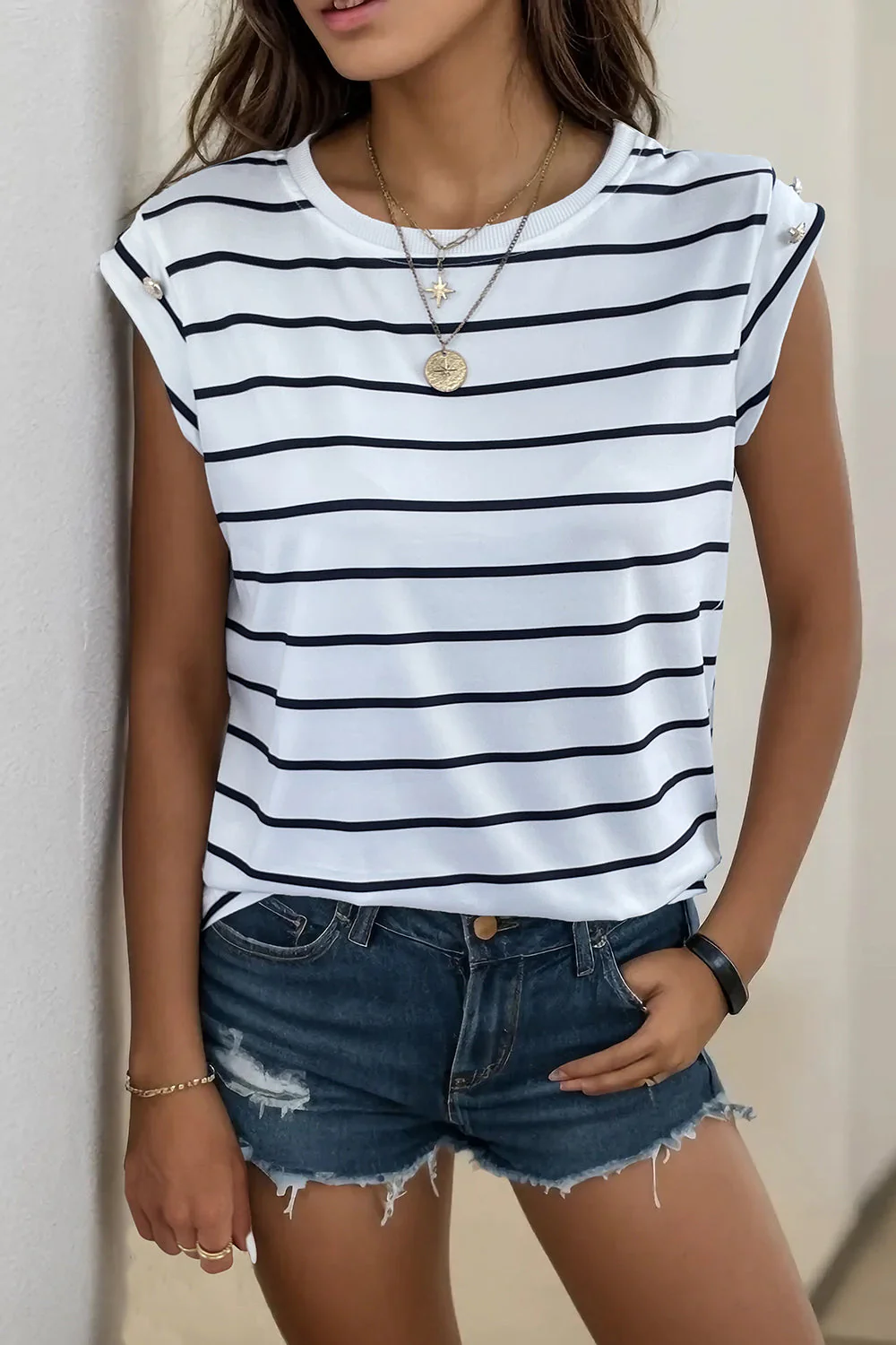 Perfee Decorative Button Round Neck T-Shirt - Image 17