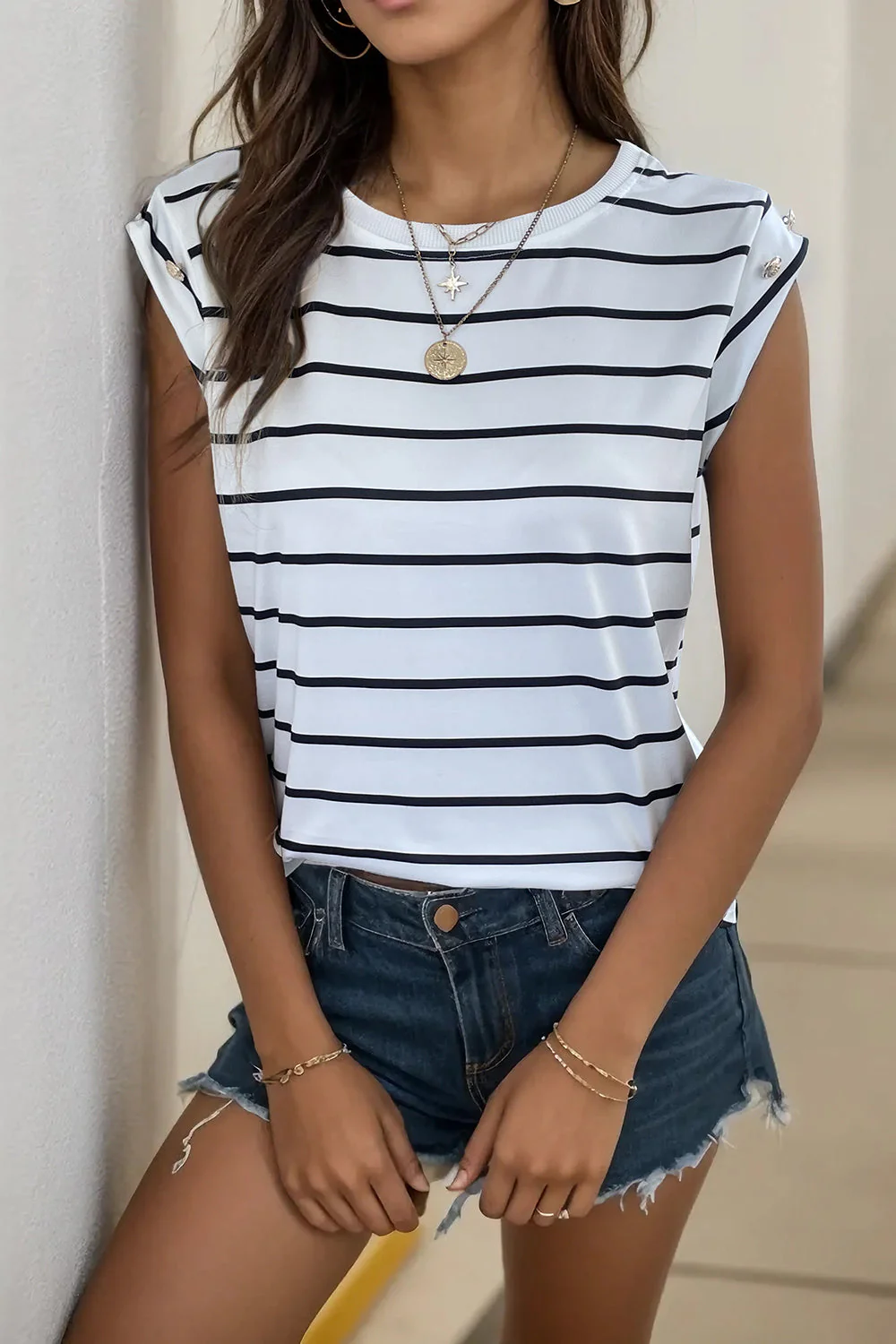 Perfee Decorative Button Round Neck T-Shirt - Image 18