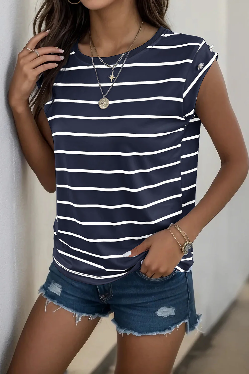 Perfee Decorative Button Round Neck T-Shirt - Image 21
