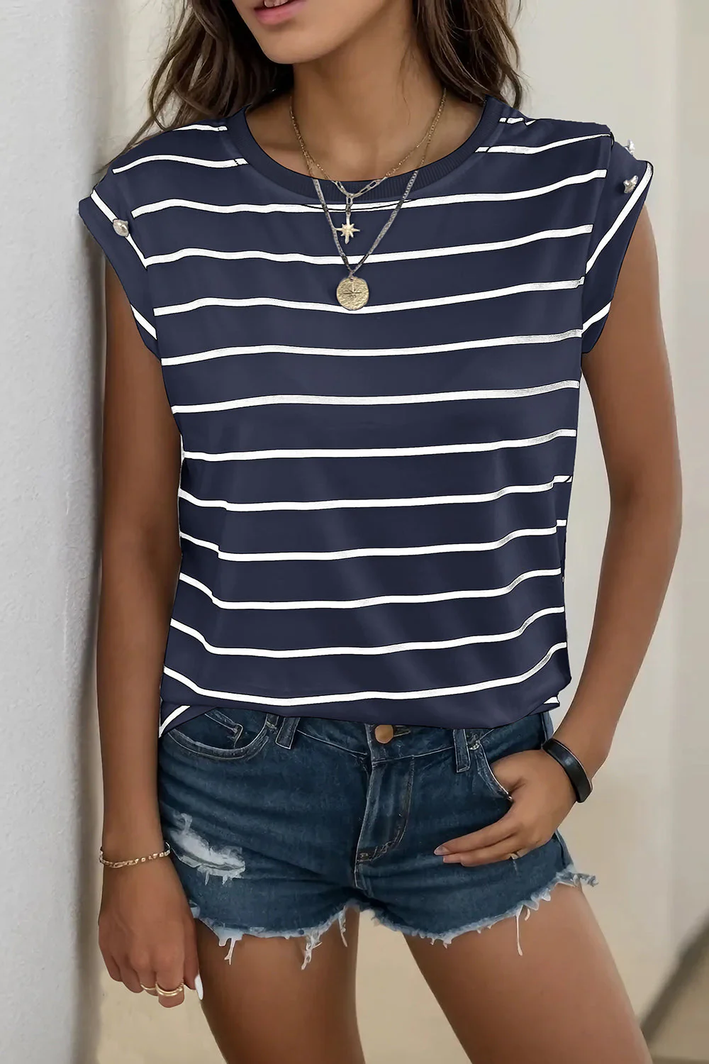 Perfee Decorative Button Round Neck T-Shirt - Image 22