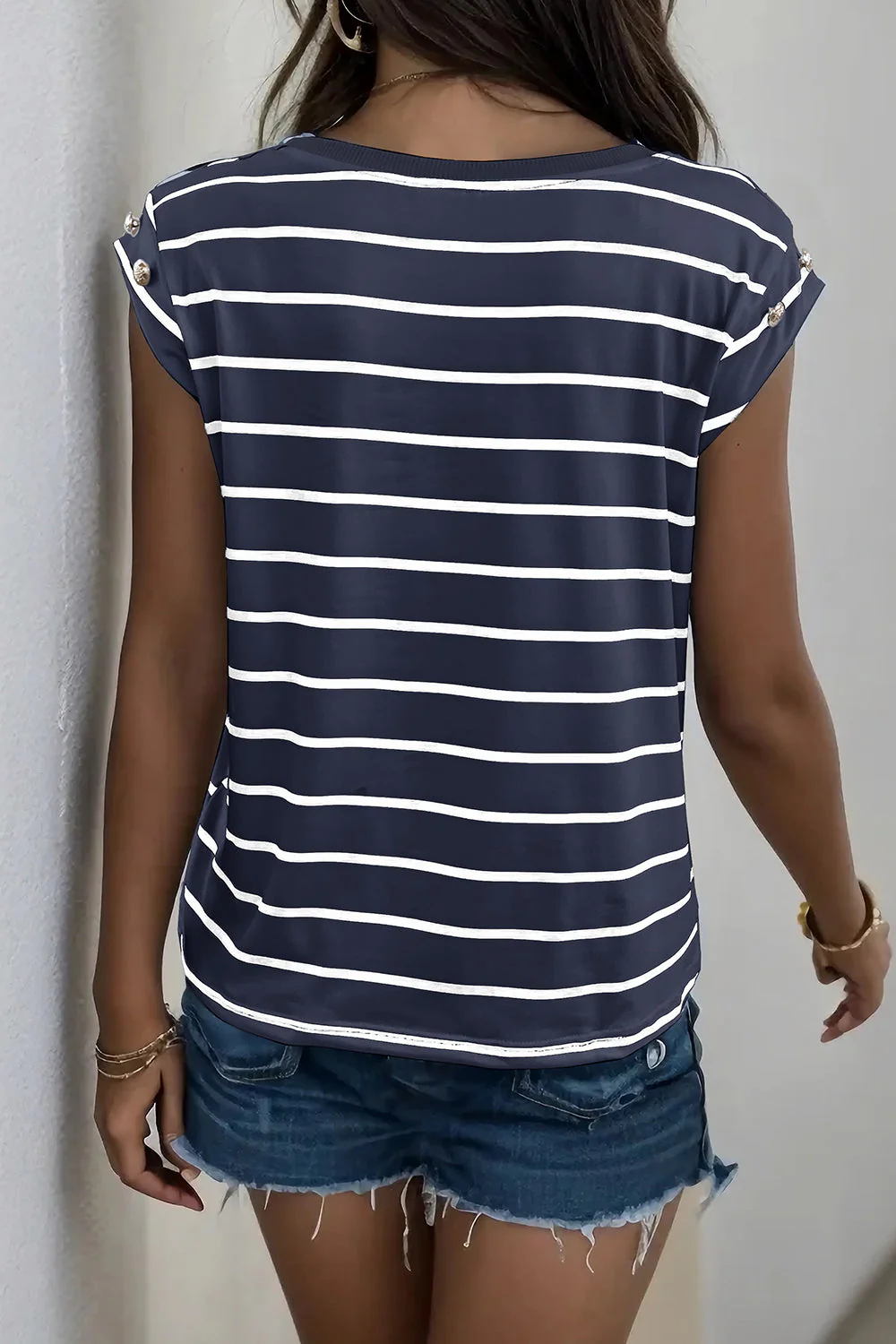 Perfee Decorative Button Round Neck T-Shirt - Image 24