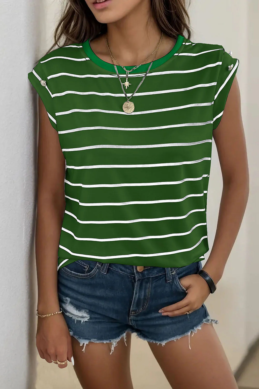 Perfee Decorative Button Round Neck T-Shirt - Image 29