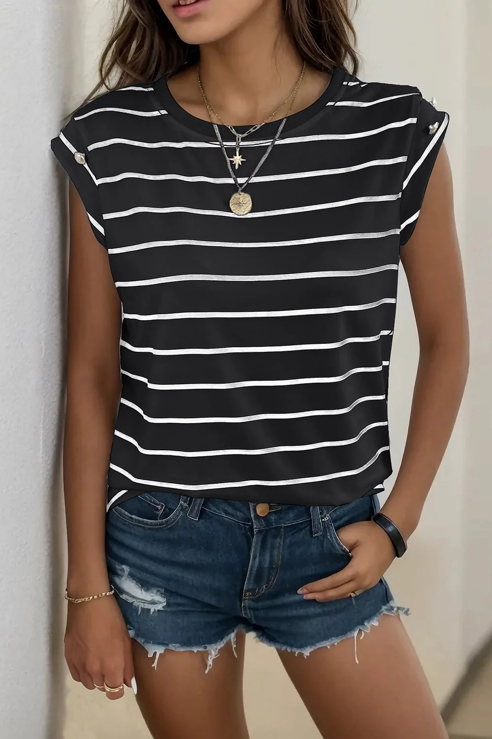 Perfee Decorative Button Round Neck T-Shirt - Image 3