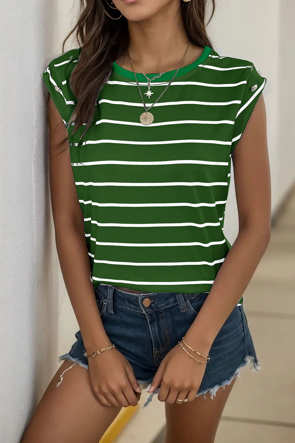 Perfee Decorative Button Round Neck T-Shirt - Image 31