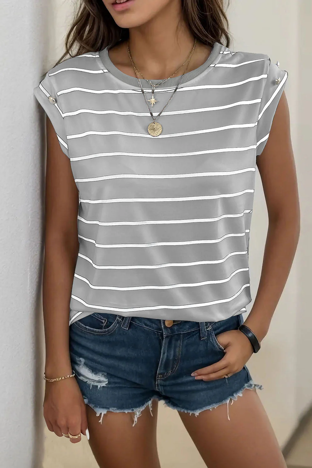 Perfee Decorative Button Round Neck T-Shirt - Image 34