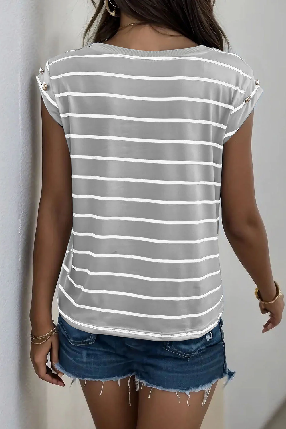 Perfee Decorative Button Round Neck T-Shirt - Image 36