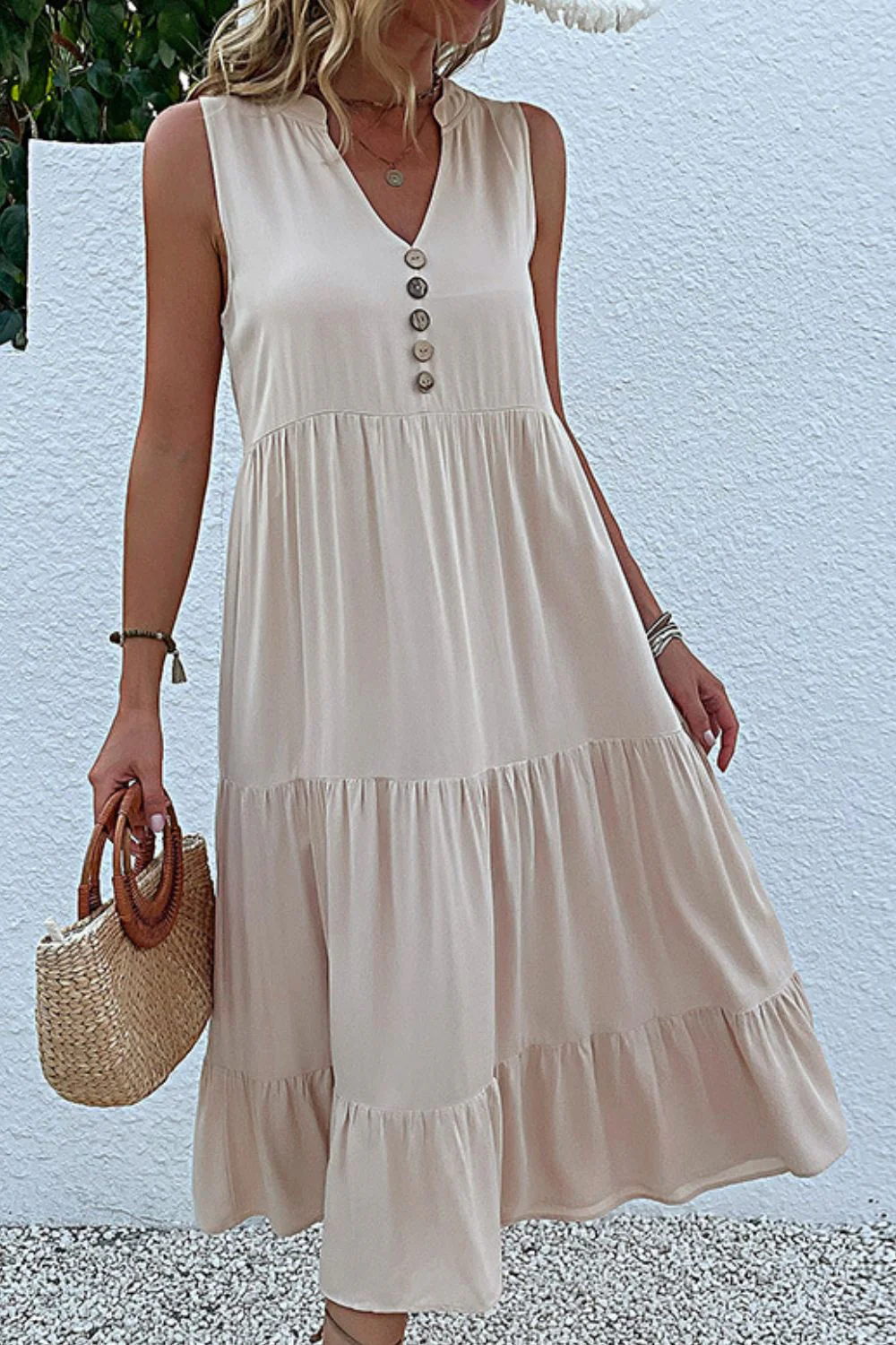 Perfee Decorative Button Sleeveless Tiered Dress - Image 2