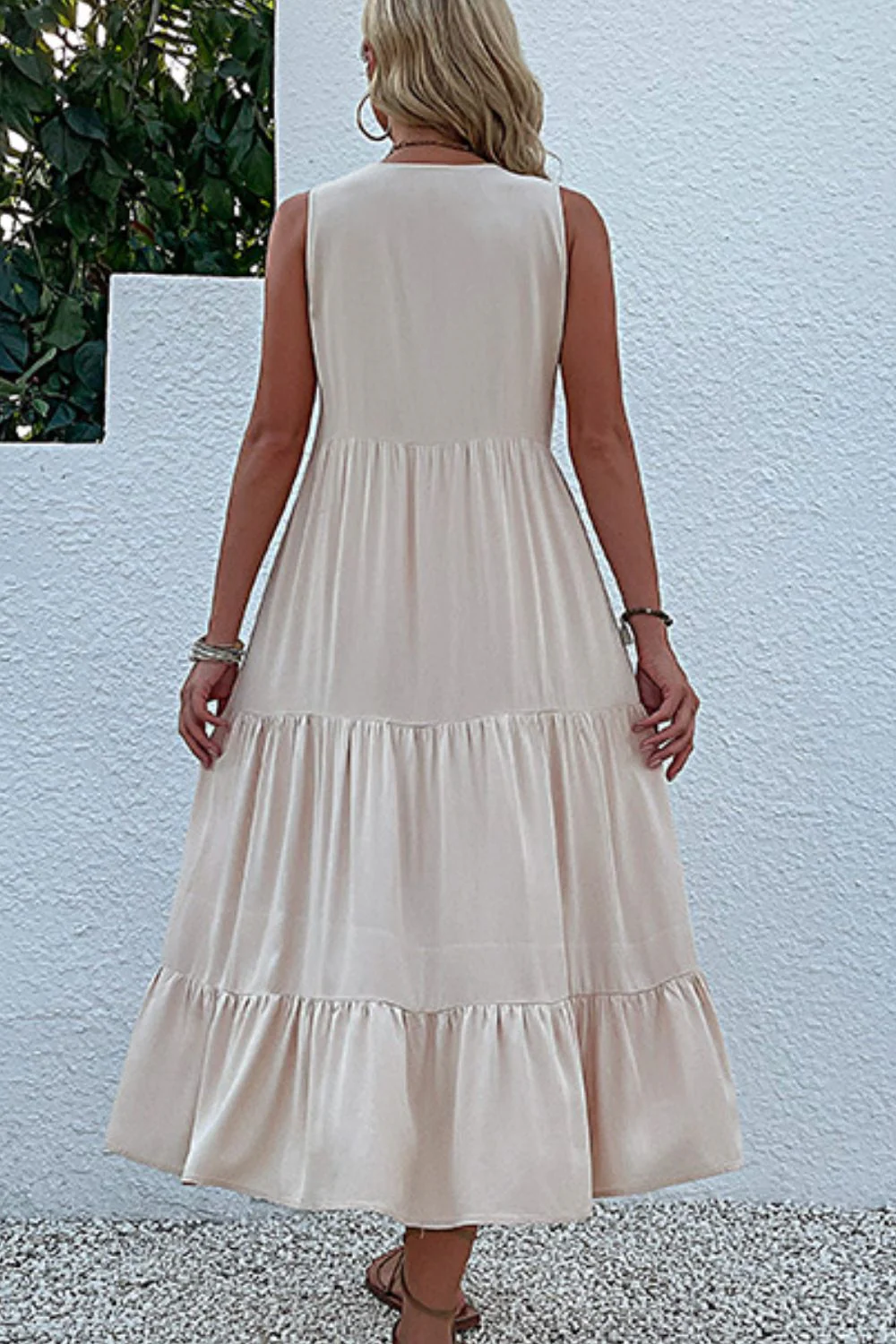 Perfee Decorative Button Sleeveless Tiered Dress - Image 3