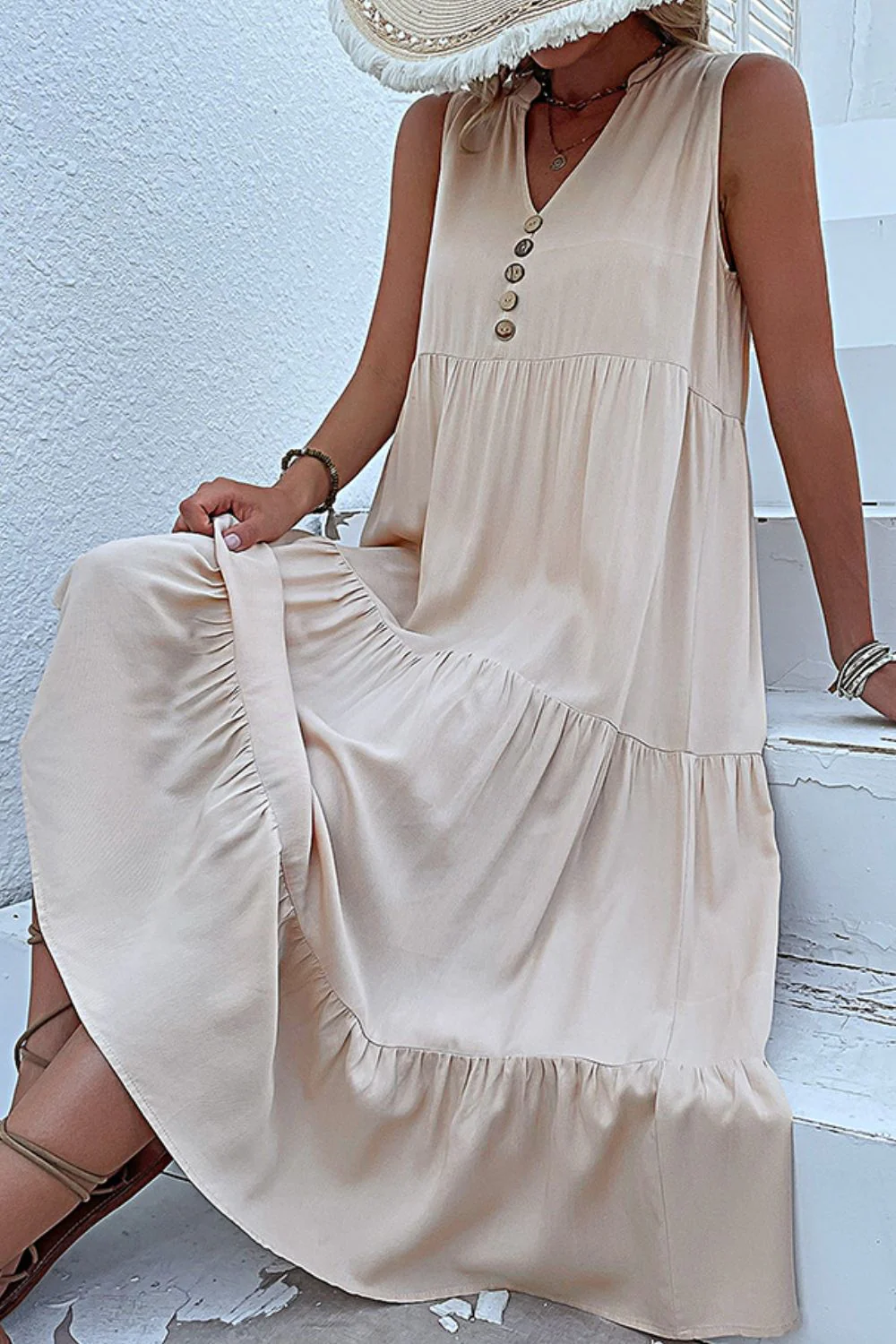 Perfee Decorative Button Sleeveless Tiered Dress - Image 4