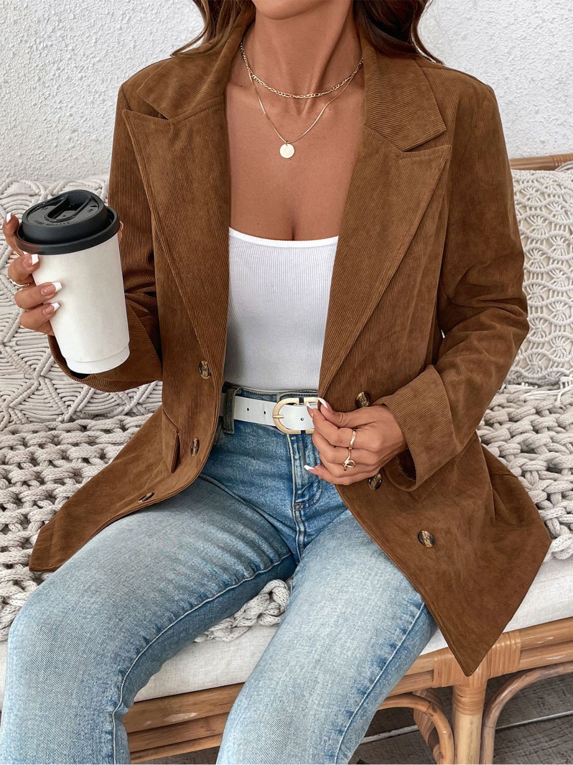 Perfee Decorative Pocket Flap Lapel Collar Long Sleeve Outerwear - Image 6