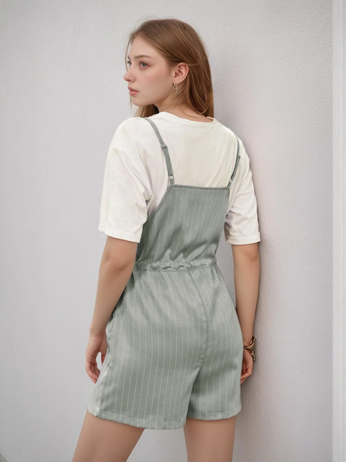 Perfee Drawstring Waist Striped Overalls with Pockets - Image 2