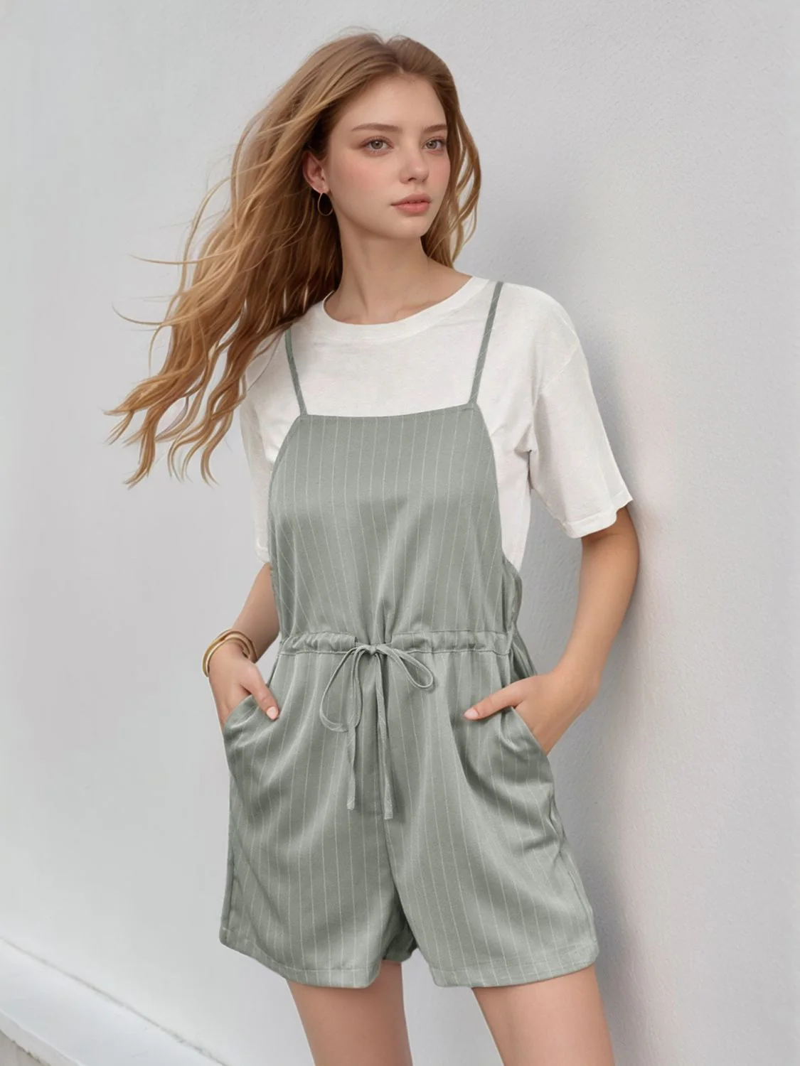 Perfee Drawstring Waist Striped Overalls with Pockets - Image 3