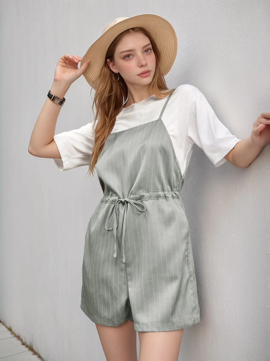 Perfee Drawstring Waist Striped Overalls with Pockets - Image 4
