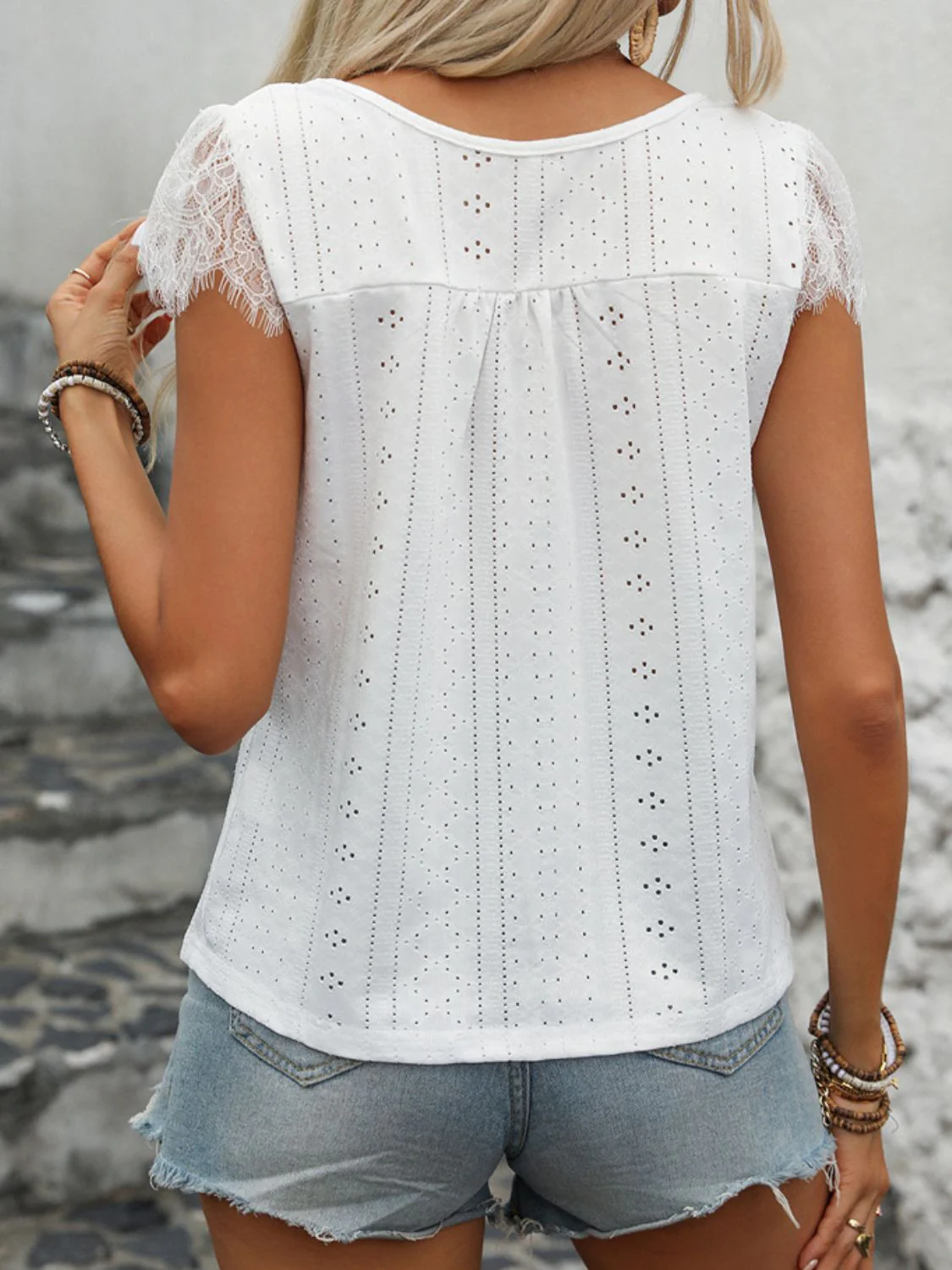 Perfee Eyelet Lace Detail V-Neck Cap Sleeve Top - Image 2
