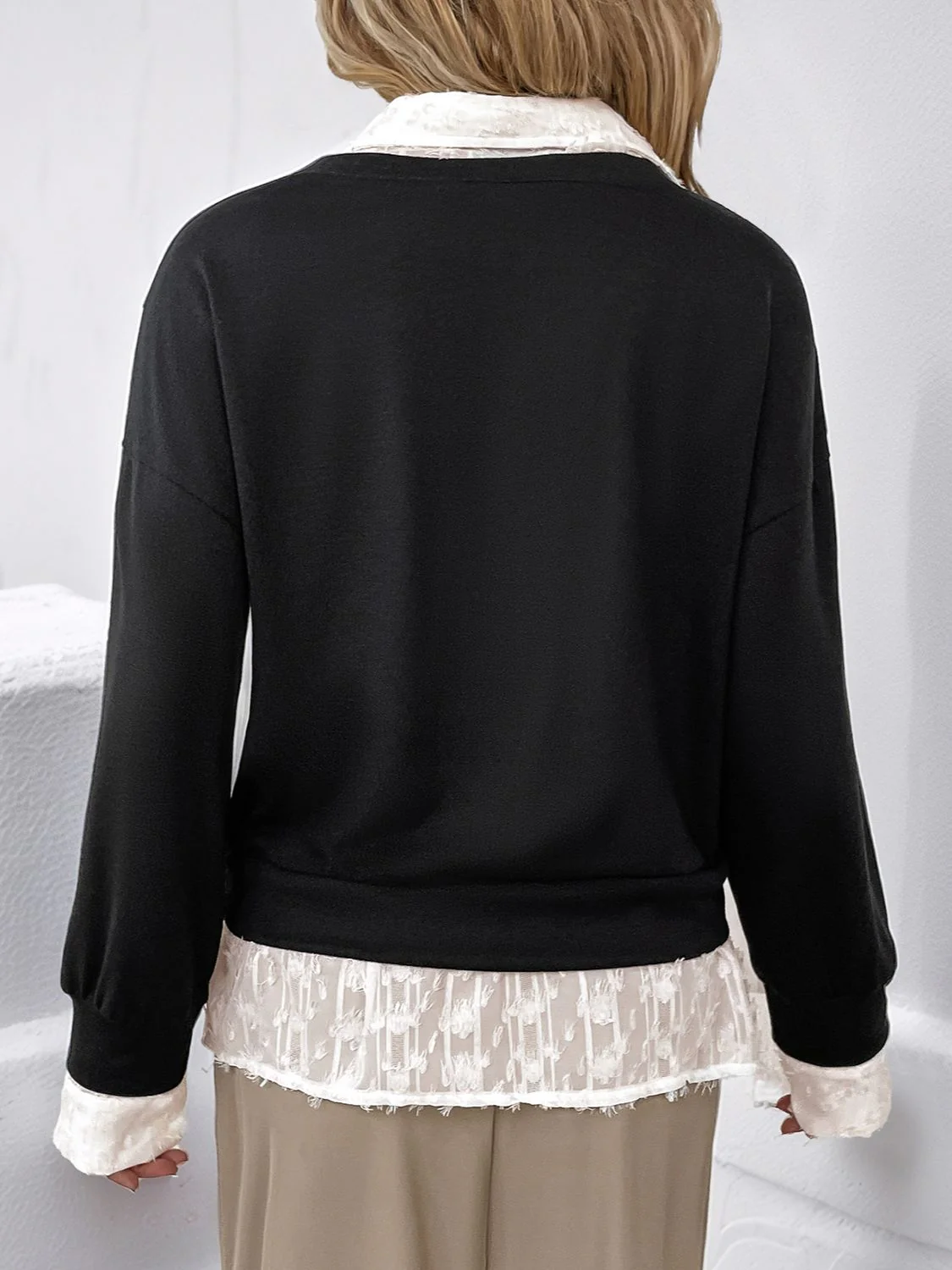 Perfee Faux Layered Contrast Long Sleeve Sweatshirt - Image 2