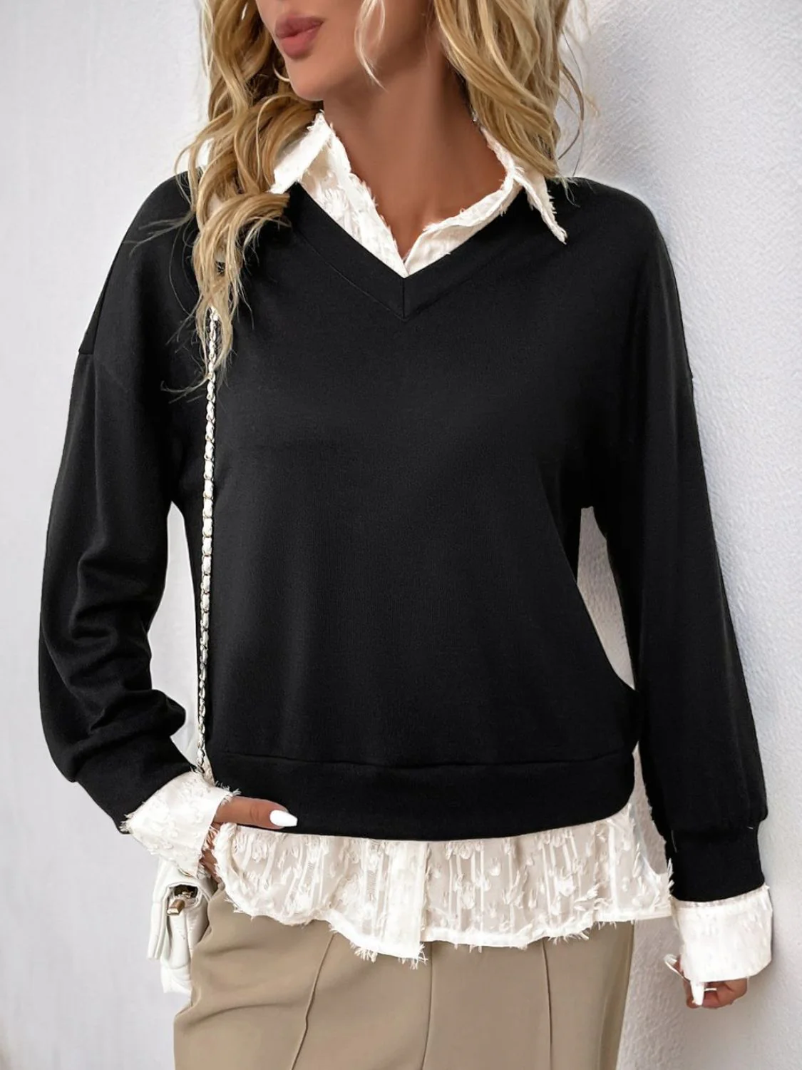 Perfee Faux Layered Contrast Long Sleeve Sweatshirt - Image 3