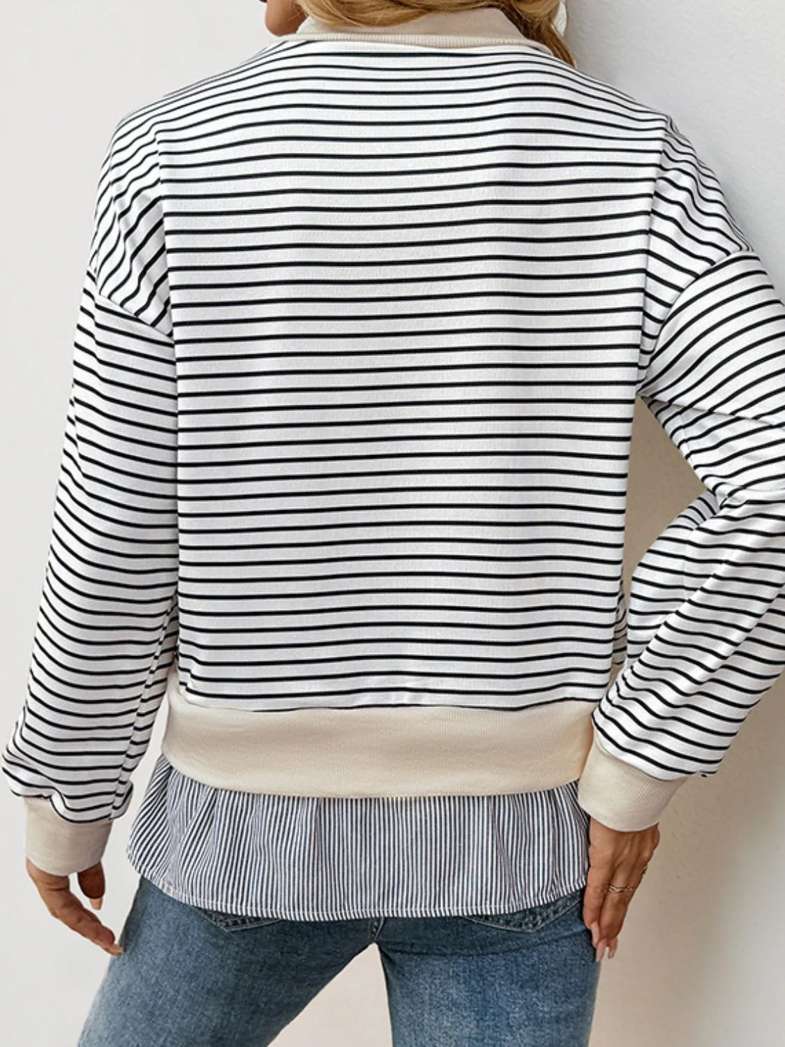 Perfee Faux Layered Striped Long Sleeve Sweatshirt - Image 2