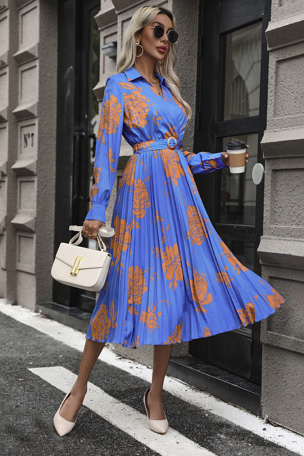 Perfee Floral Pleated Surplice Long Sleeve Midi Dress - Image 3