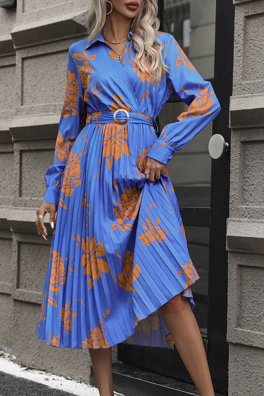 Perfee Floral Pleated Surplice Long Sleeve Midi Dress - Image 4
