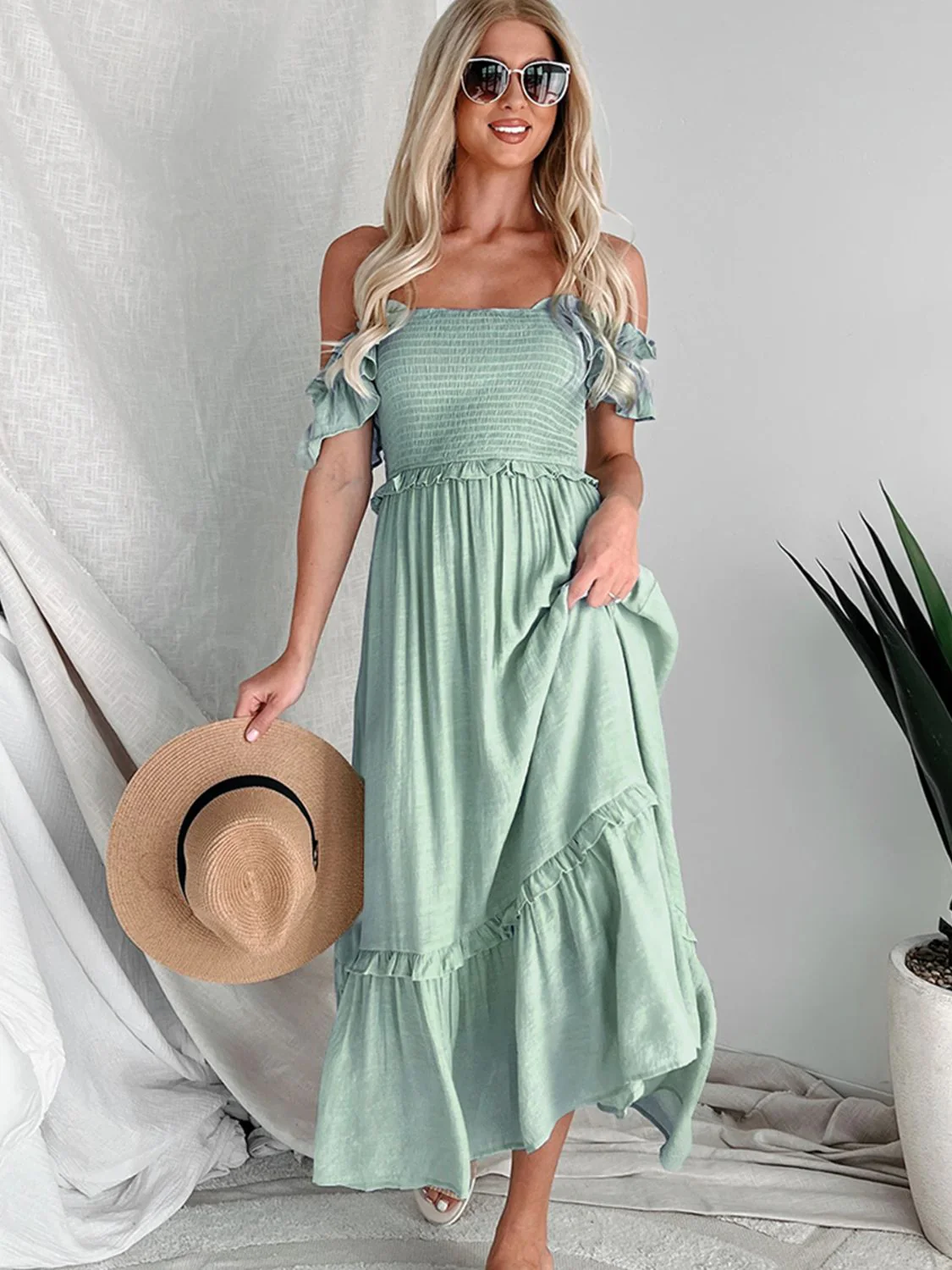 Perfee Frill Smocked Off-Shoulder Ruffle Sleeve Dress - Image 3