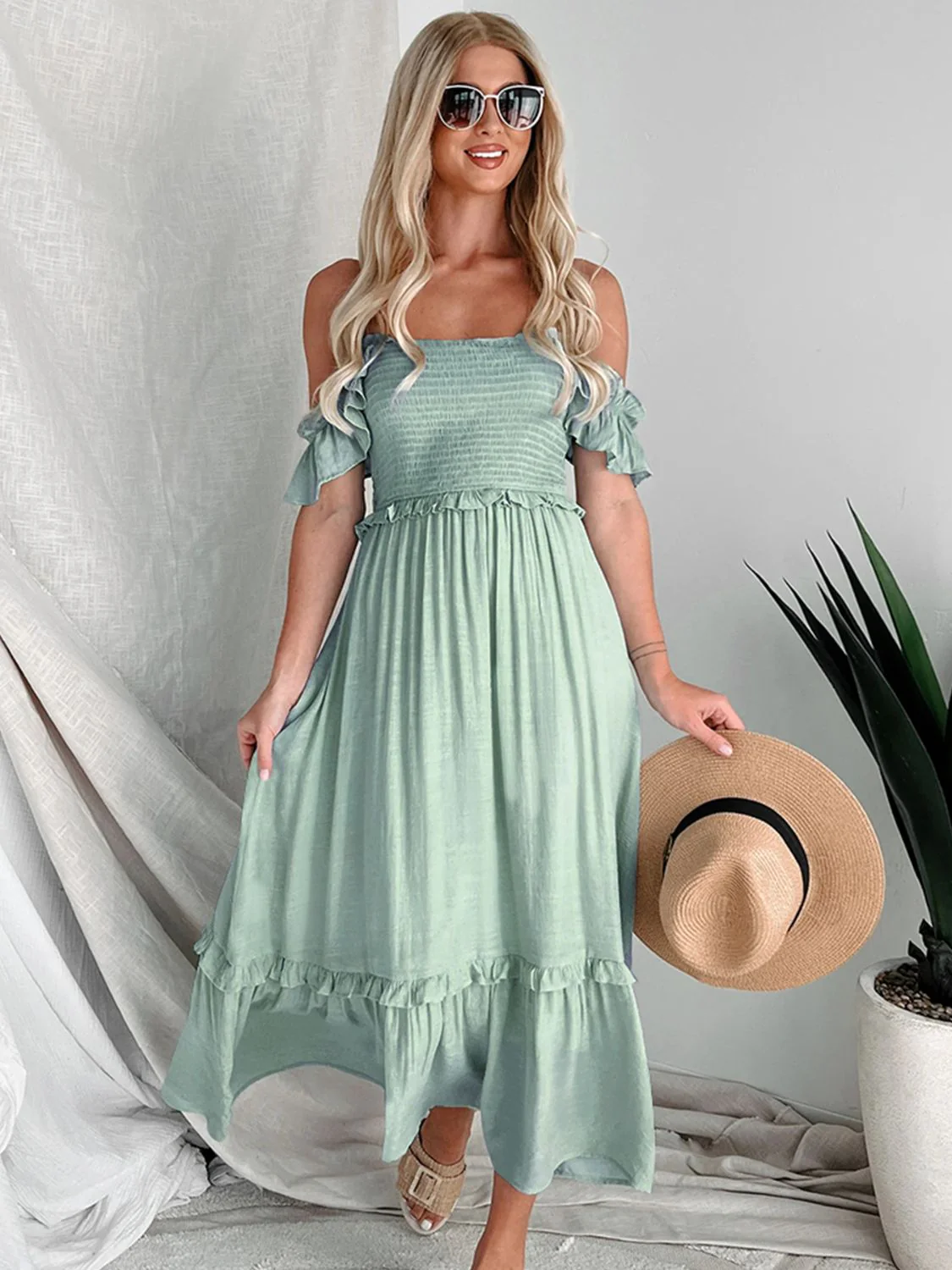 Perfee Frill Smocked Off-Shoulder Ruffle Sleeve Dress - Image 4