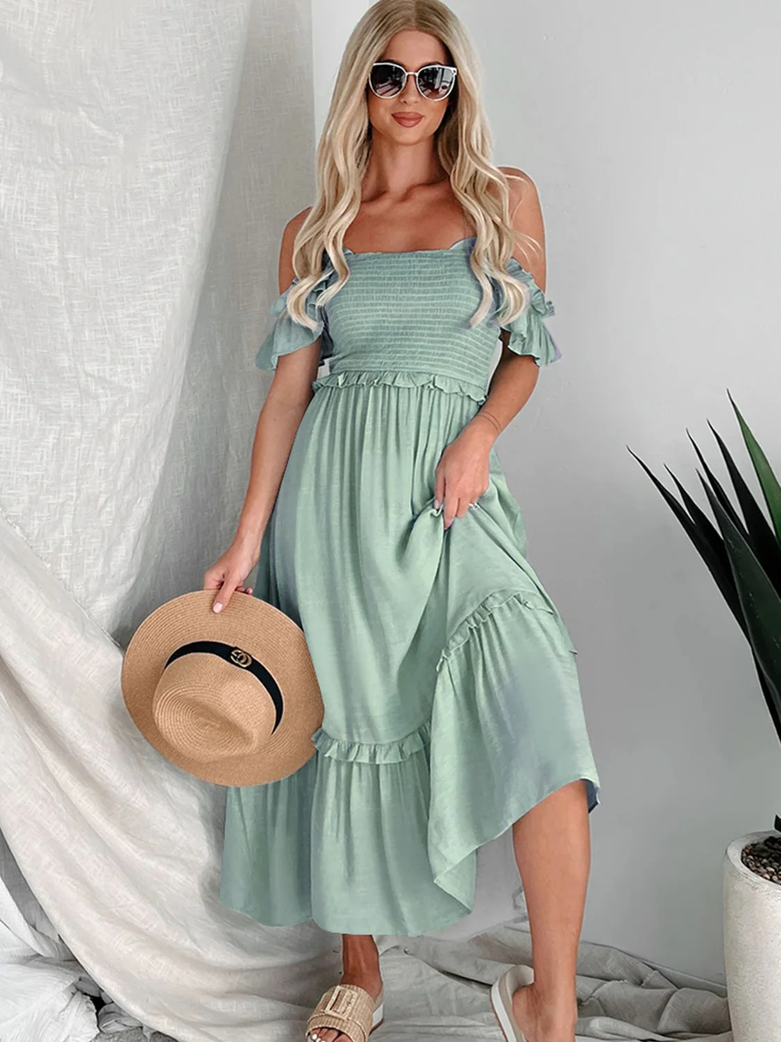 Perfee Frill Smocked Off-Shoulder Ruffle Sleeve Dress - Image 5