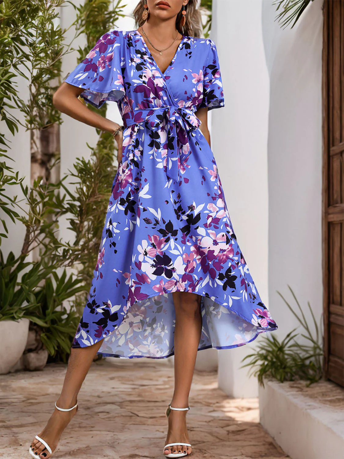 Perfee High-Low Printed Surplice Short Sleeve Midi Dress - Image 5