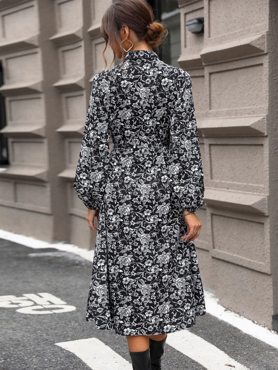 Perfee Lace Detail Printed Long Sleeve Midi Dress - Image 2