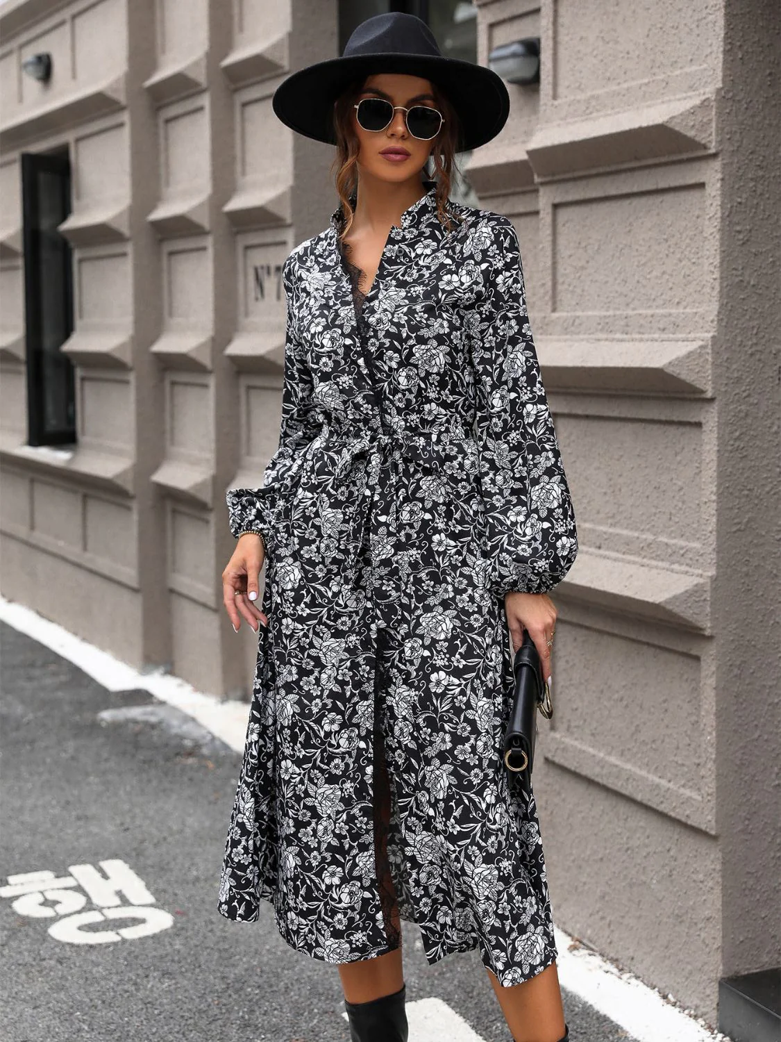 Perfee Lace Detail Printed Long Sleeve Midi Dress - Image 3