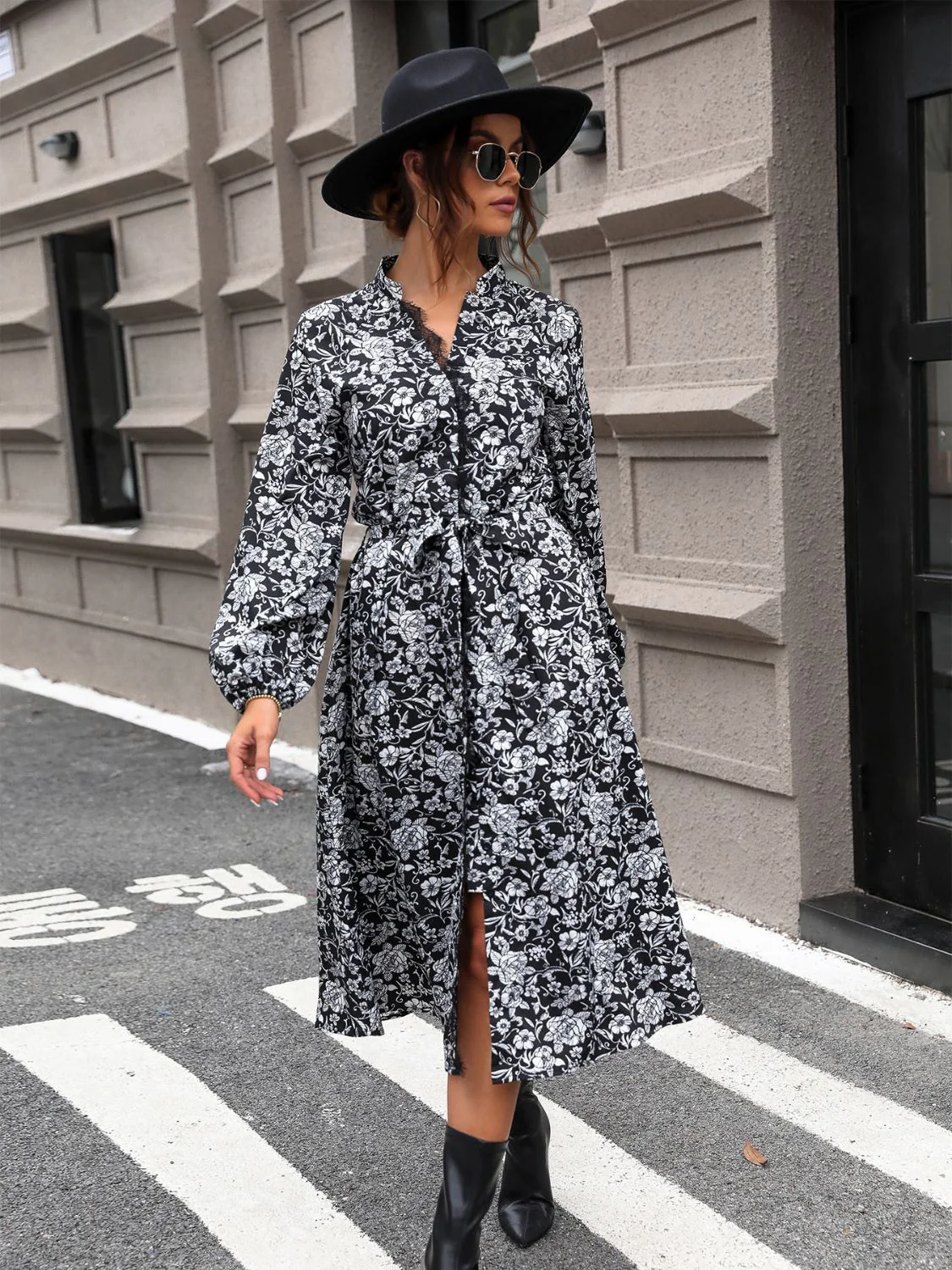Perfee Lace Detail Printed Long Sleeve Midi Dress - Image 5