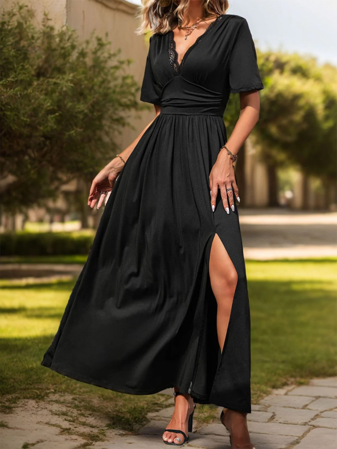 Perfee Lace Detail Slit V-Neck Short Sleeve Dress - Image 5