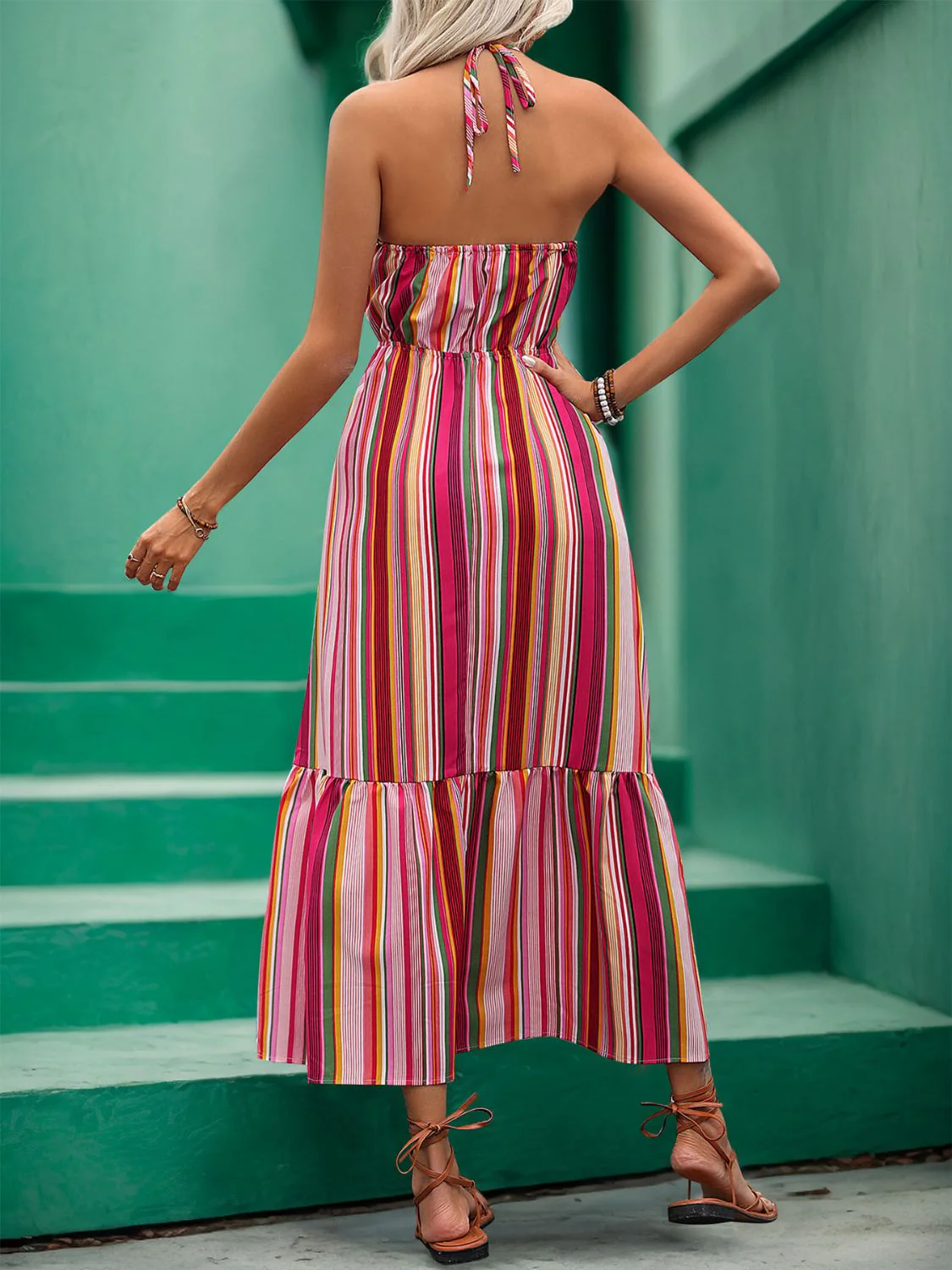 Perfee Lace Detail Striped Halter Neck Midi Dress - Image 2