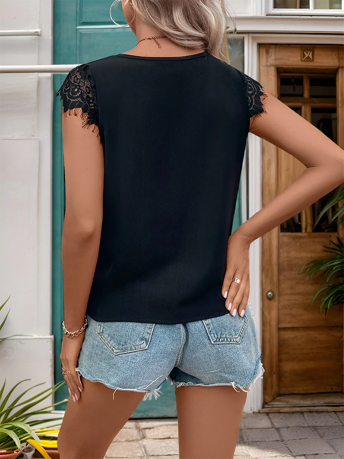 Perfee Lace Detail V-Neck Cap Sleeve T-Shirt - Image 2