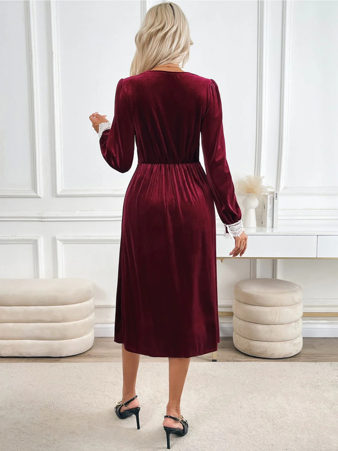 Perfee Lace Detail V-Neck Long Sleeve Midi Dress - Image 2