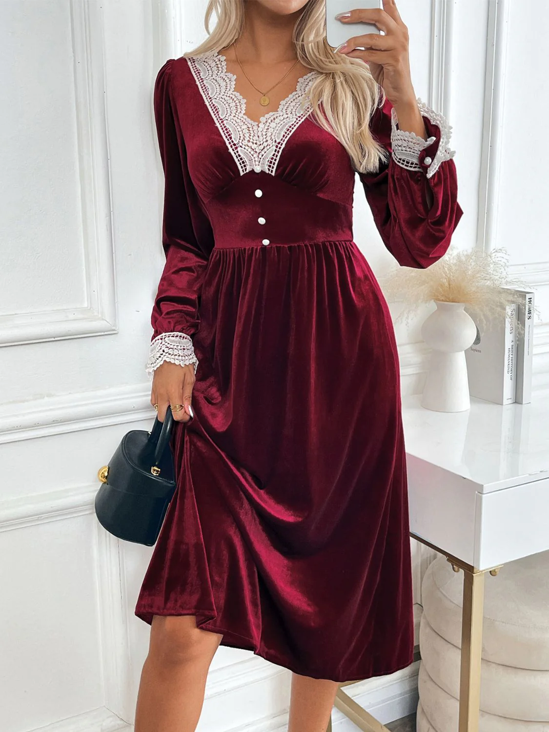 Perfee Lace Detail V-Neck Long Sleeve Midi Dress - Image 3