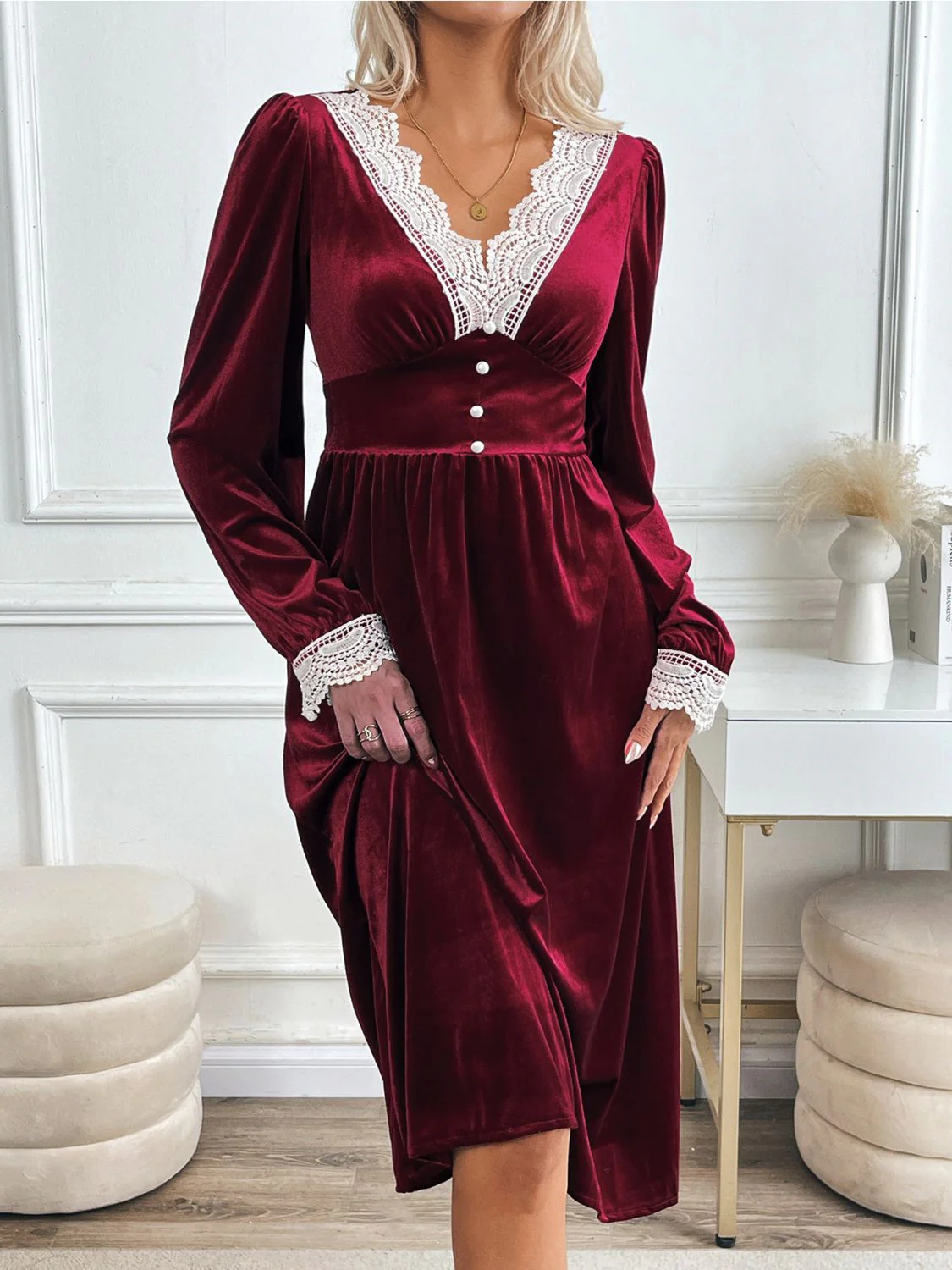 Perfee Lace Detail V-Neck Long Sleeve Midi Dress - Image 4