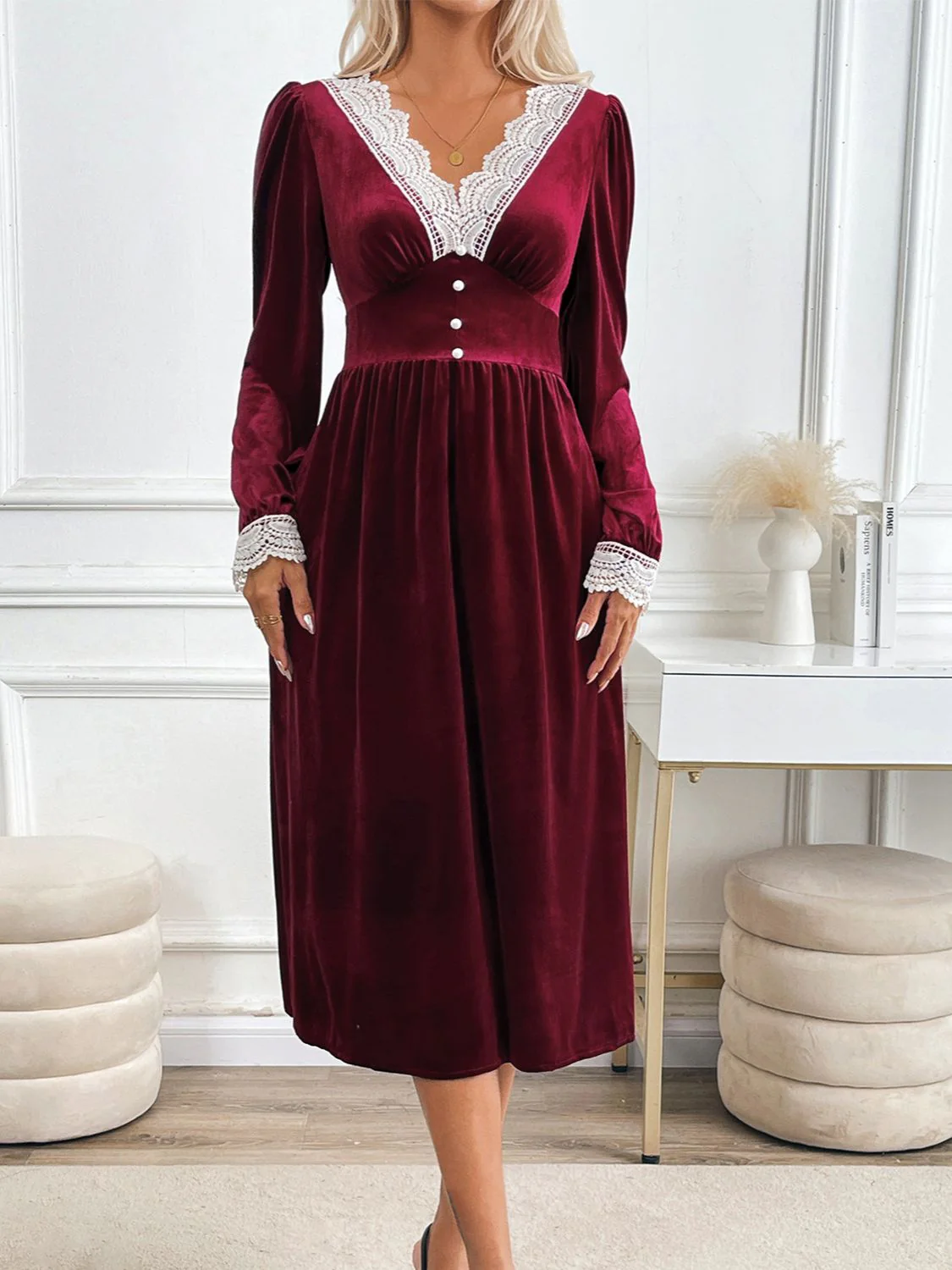 Perfee Lace Detail V-Neck Long Sleeve Midi Dress - Image 5